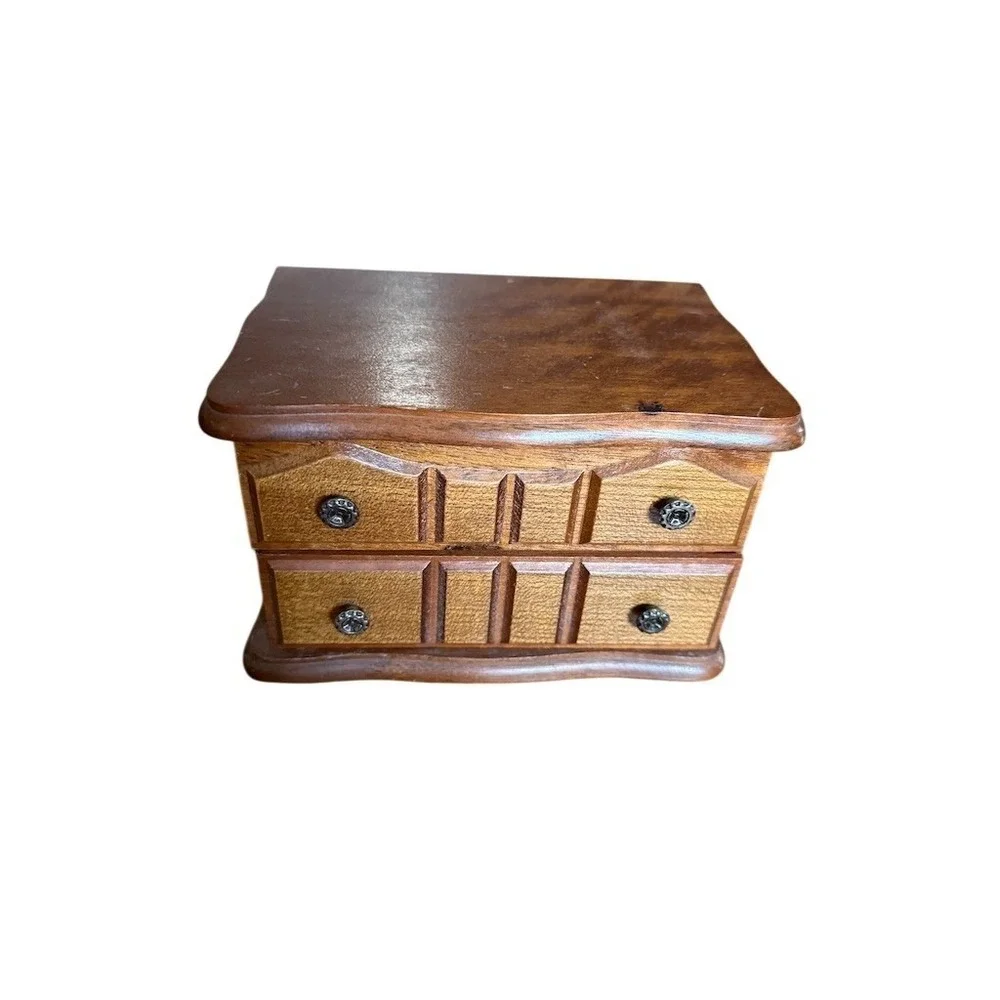 Wood Jewelry Box Mini Chest Brown Mirror Lid 2 Drawers Ring Organizer